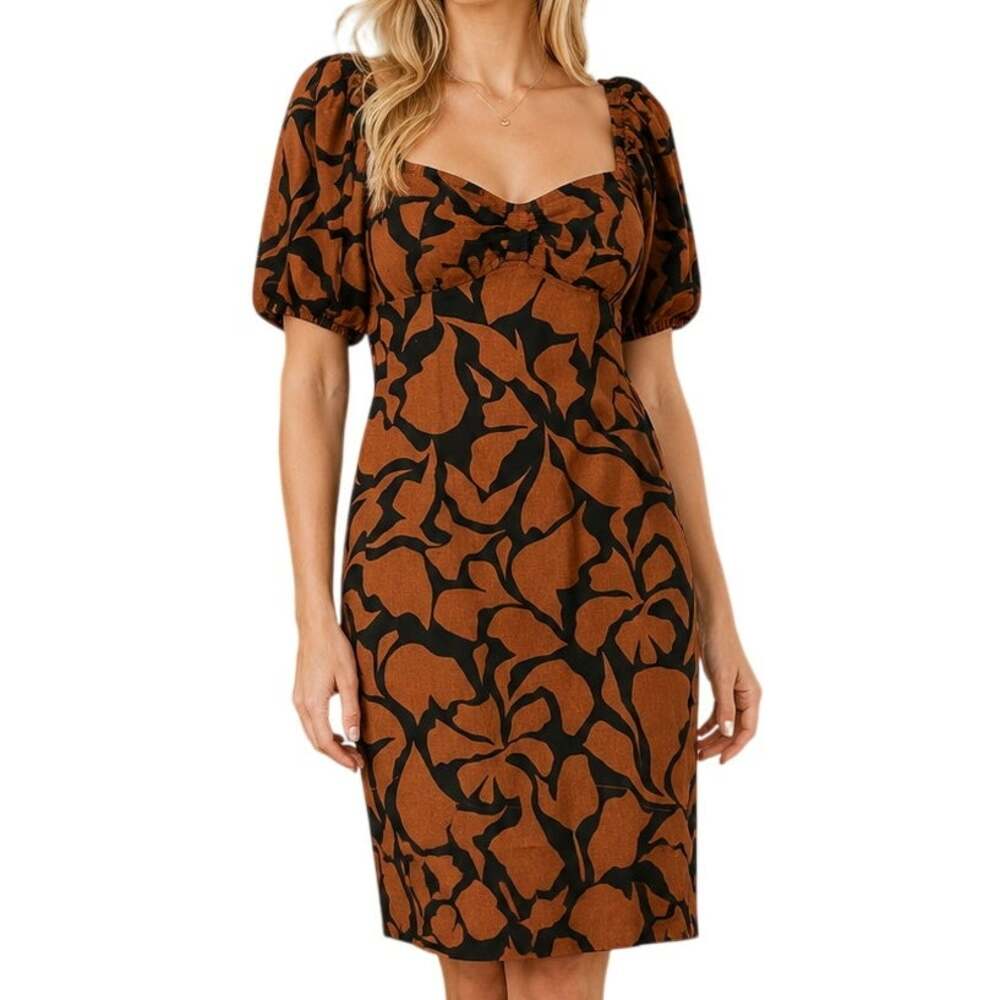 A New Day Empire Puff Sweetheart Dress Medium Rust Brown Black Hawaiian Print